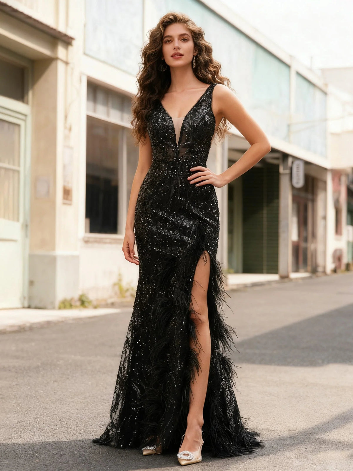 Black mermaid floor-length formal dress with V-neckline, full-length front view