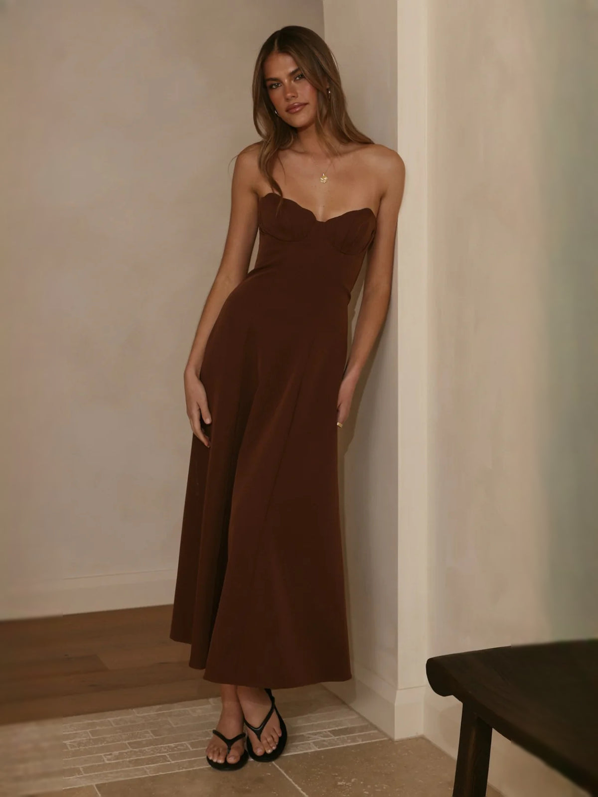 Chocolate midi formal dress with strapless neckline, full-length front view