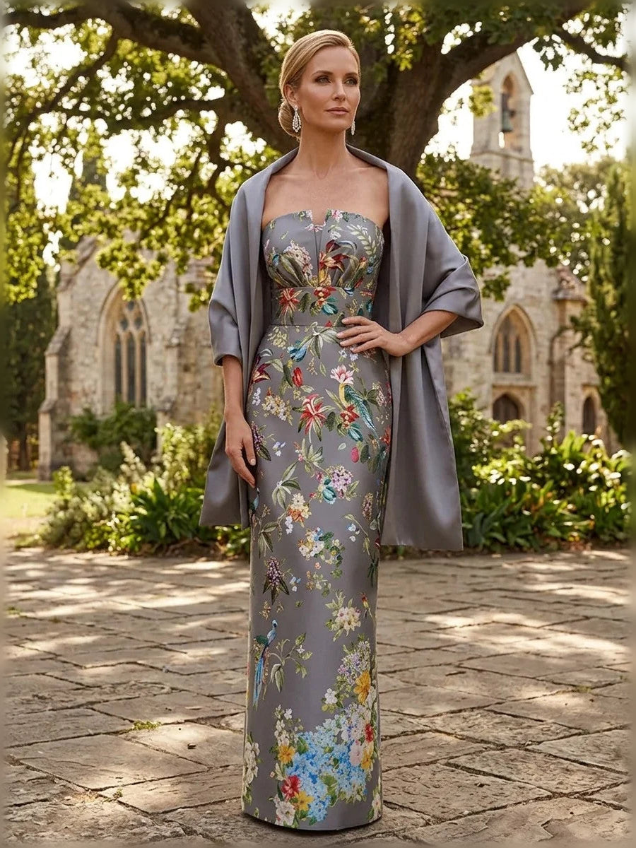 Dusty Blue floor-length mother of the bride dress, front view showing the sheath silhouette
