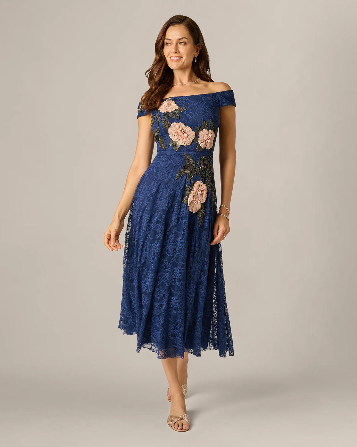 off-shoulder a-line midi mother of the bride dress - image 1