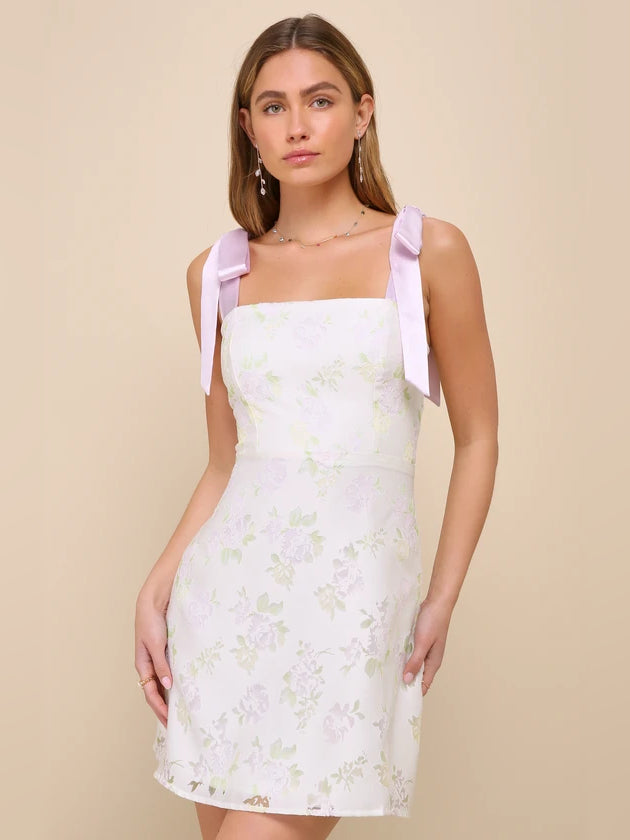Cream Floral mini homecoming dress, front view showing the silhouette