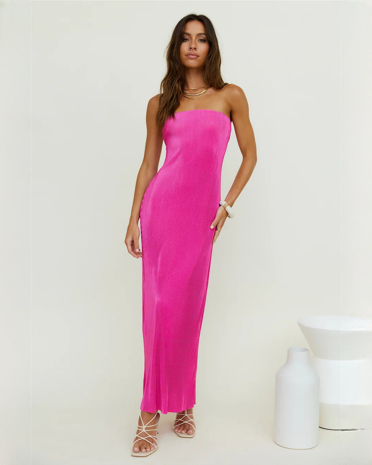 sleeveless satin a-line maxi bridesmaid dress - image 1