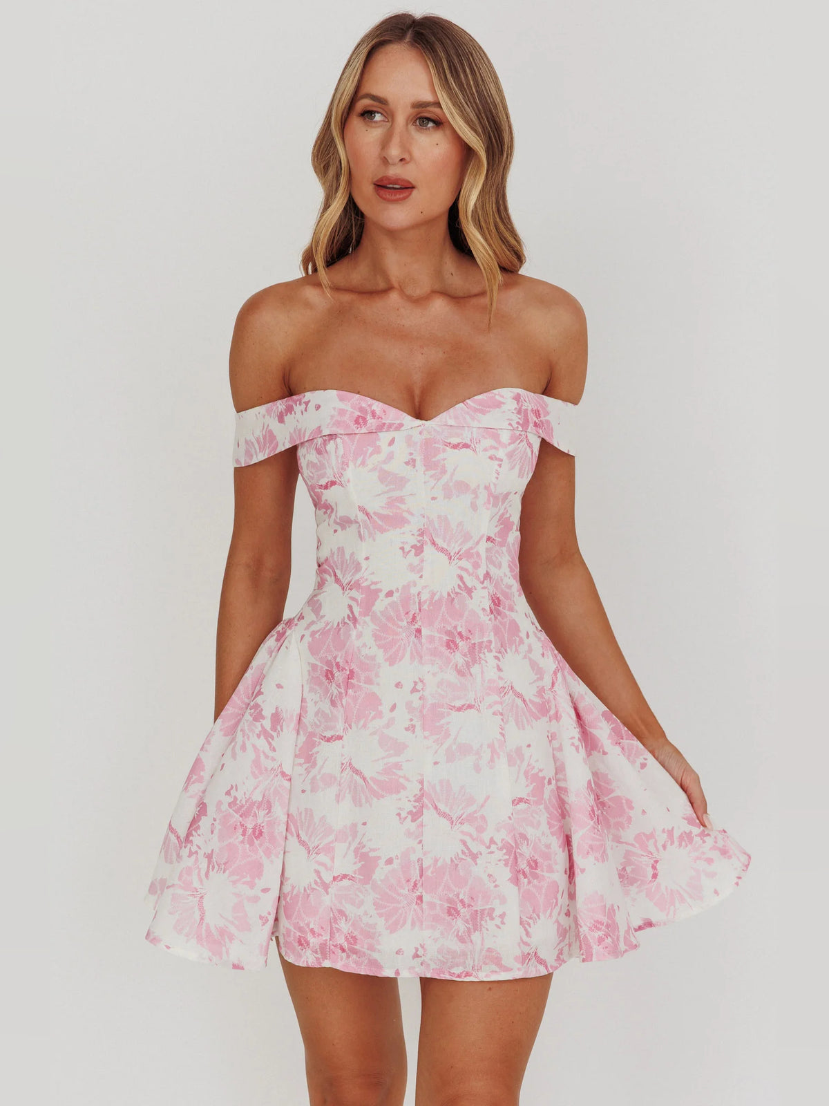 Pink mini homecoming dress, front view showing the silhouette
