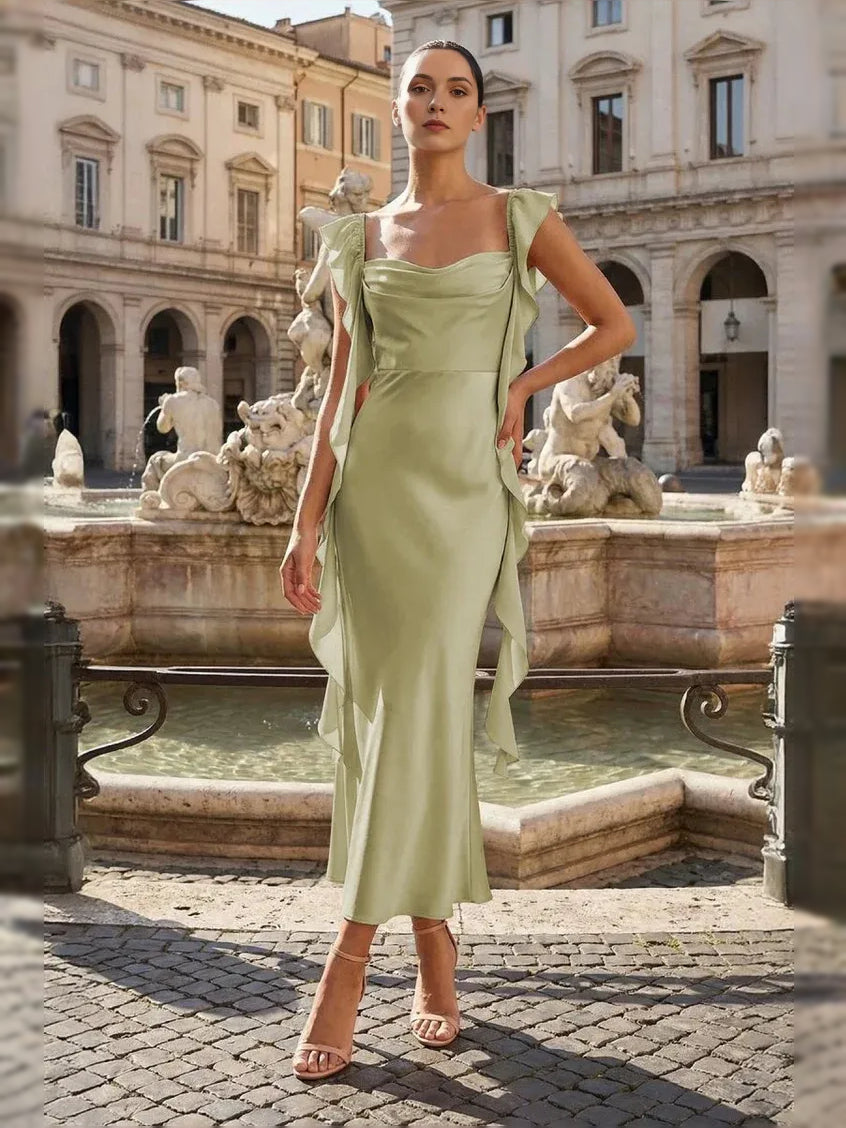 Sage Green midi prom dress, front view showing the column silhouette