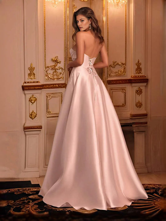 Blush Pink floor-length prom dress, front view showing the a-line silhouette