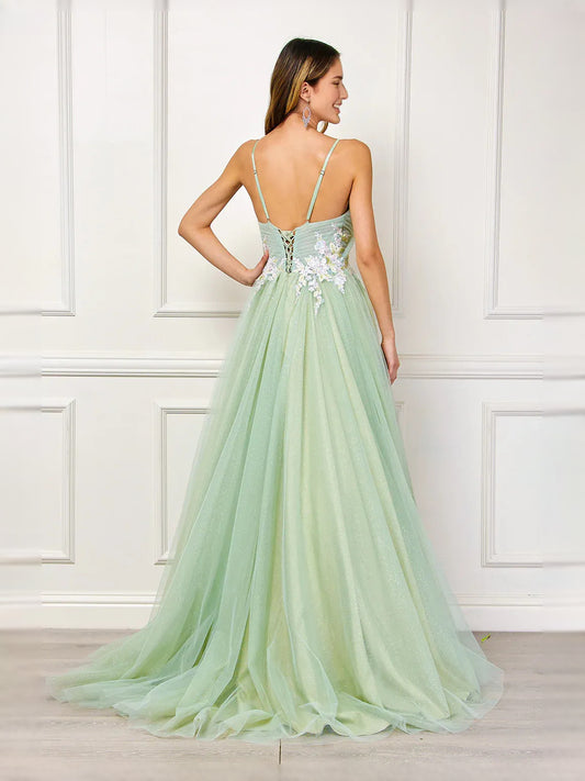 Celadon floor-length prom dress, front view showing the ball-gown silhouette