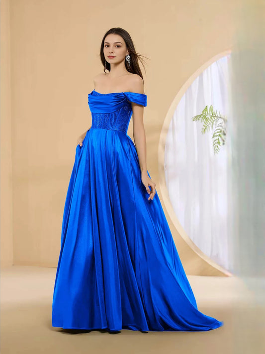 Cobalt Blue a-line floor-length formal dress with off-the-shoulder neckline, full-length front view