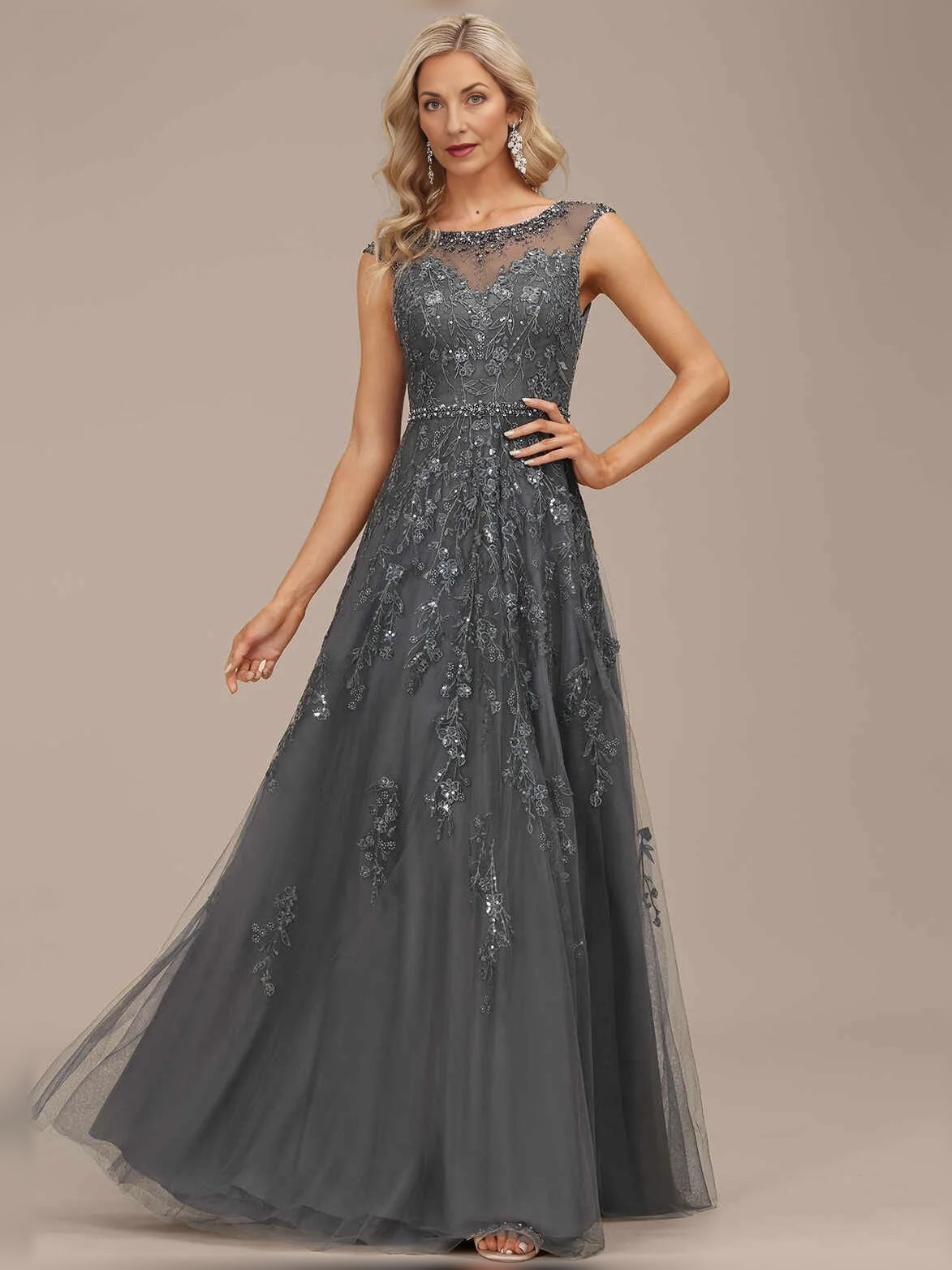 Steel Grey maxi mother of the bride dress, front view showing the a-line silhouette