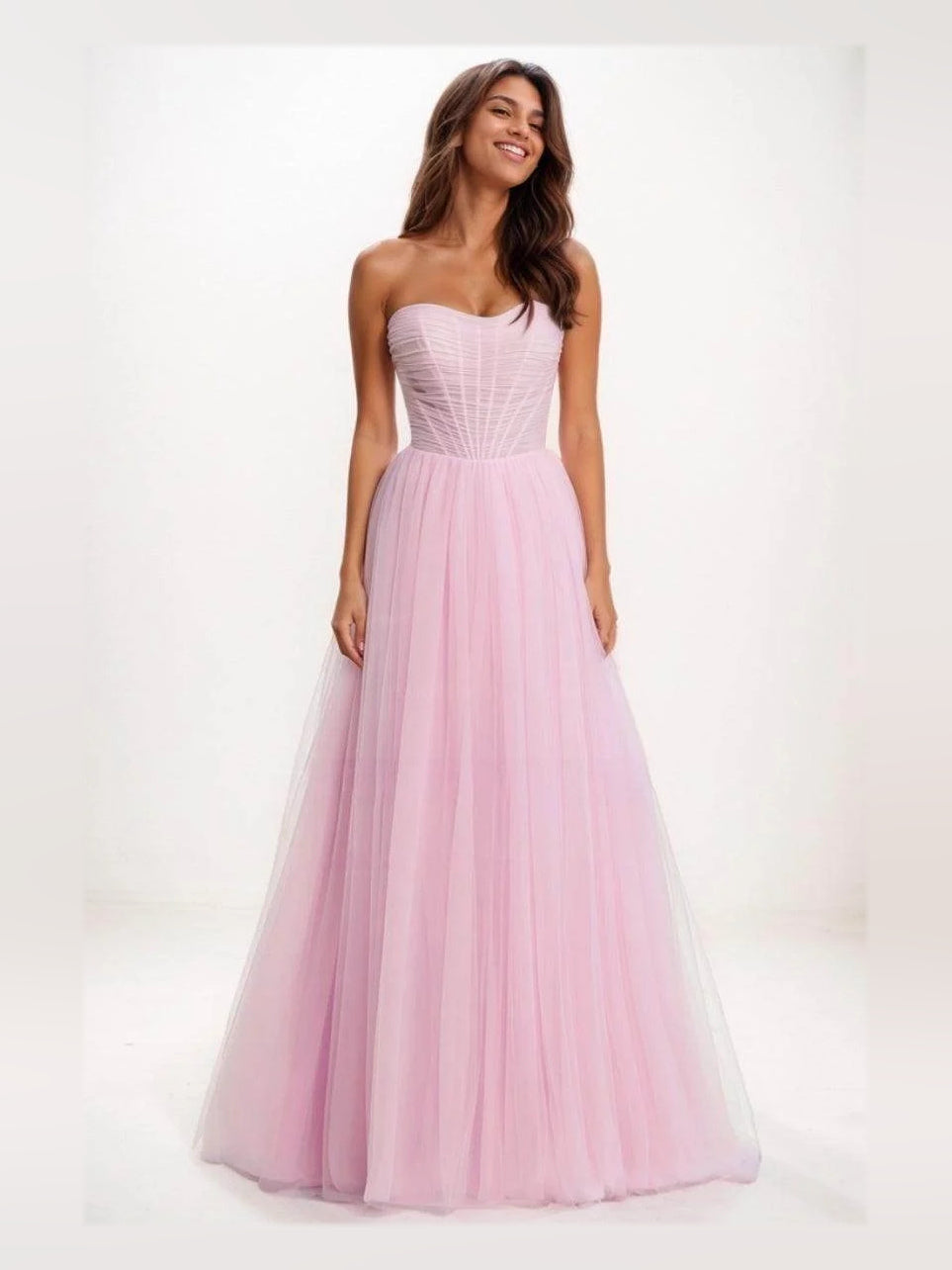 Light Pink maxi prom dress, front view showing the a-line silhouette