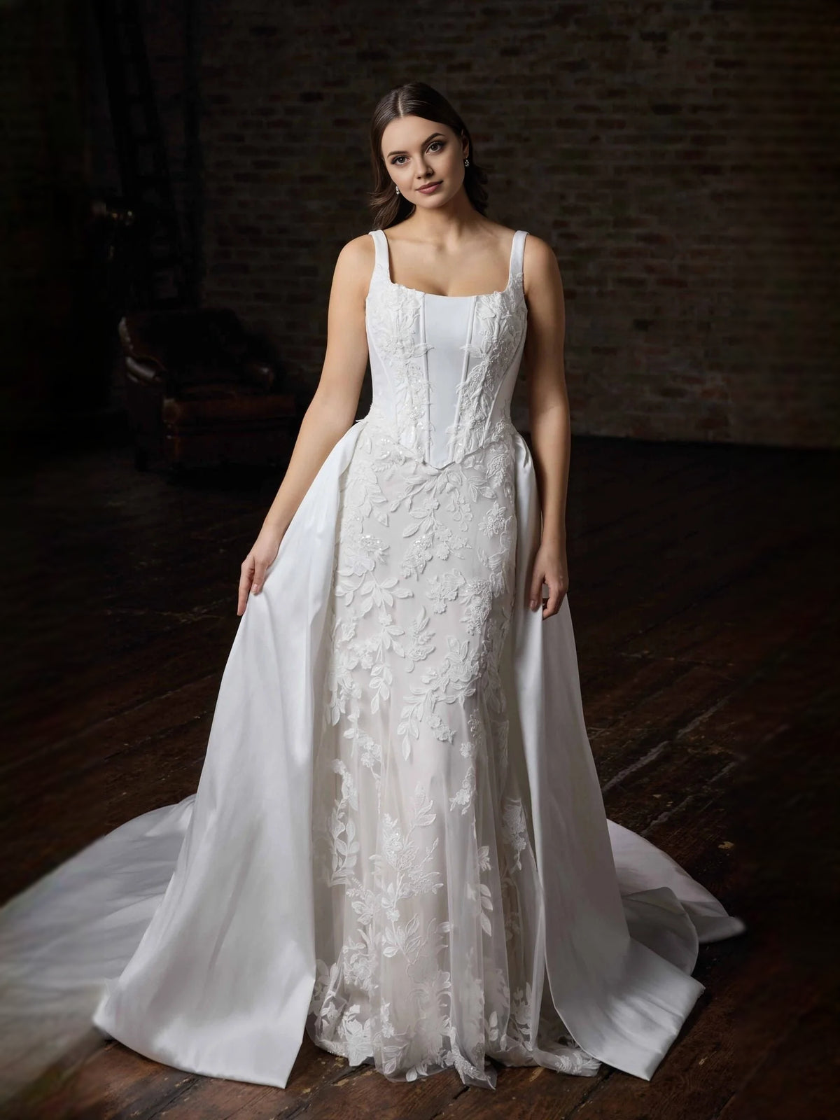 Ivory floor-length wedding dress, front view showing the mermaid silhouette