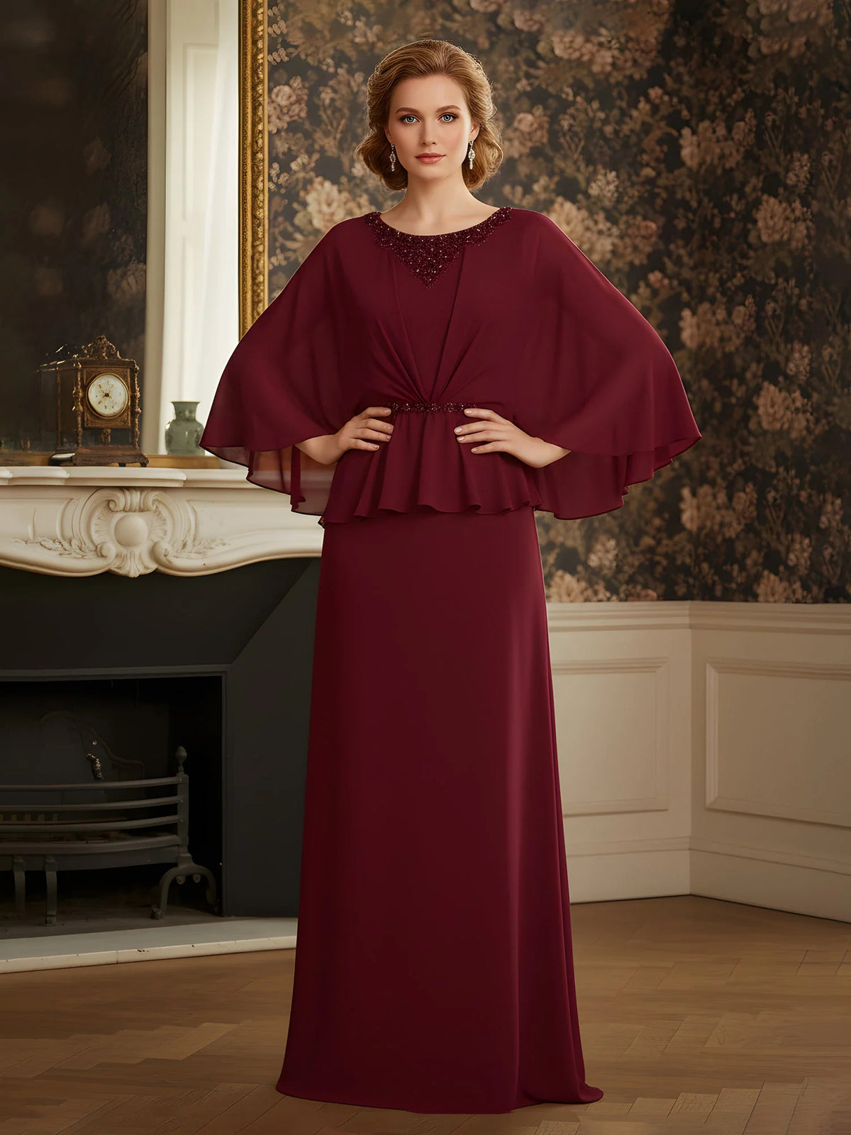 Burgundy maxi mother of the bride dress, front view showing the column silhouette