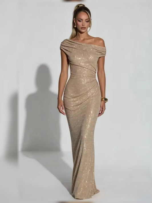 Champagne mermaid floor-length formal dress with one-shoulder neckline, full-length front view