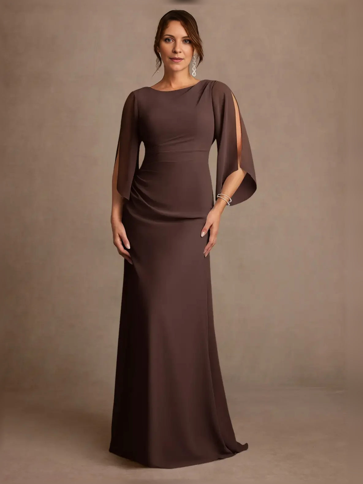 Chocolate floor-length mother of the bride dress, front view showing the a-line silhouette