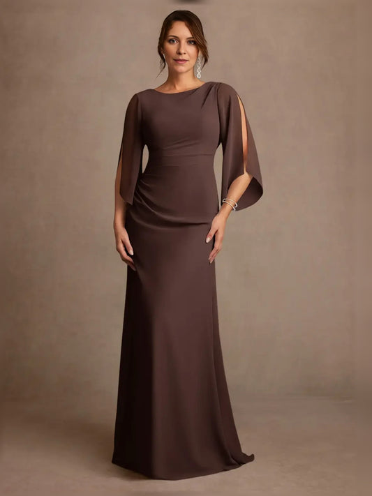 Chocolate floor-length mother of the bride dress, front view showing the a-line silhouette