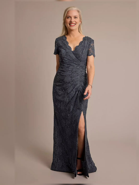 Charcoal short mother of the bride dress, front view showing the sheath silhouette
