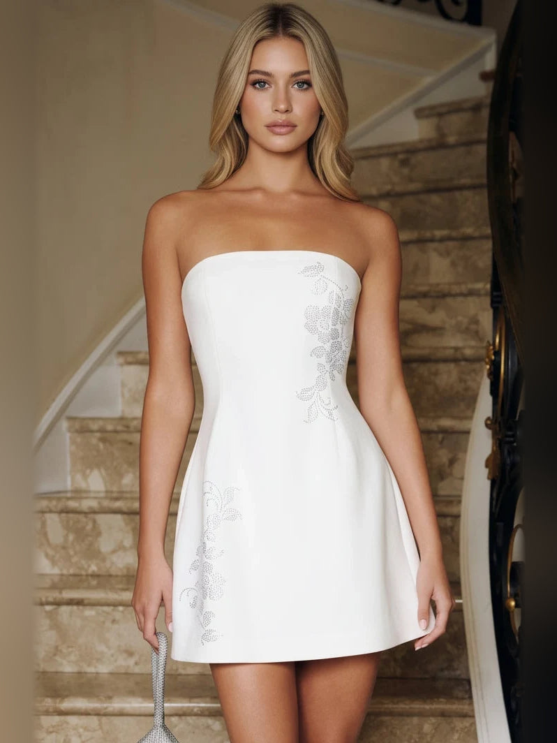 White mini homecoming dress, alternate view showing the full-length silhouette