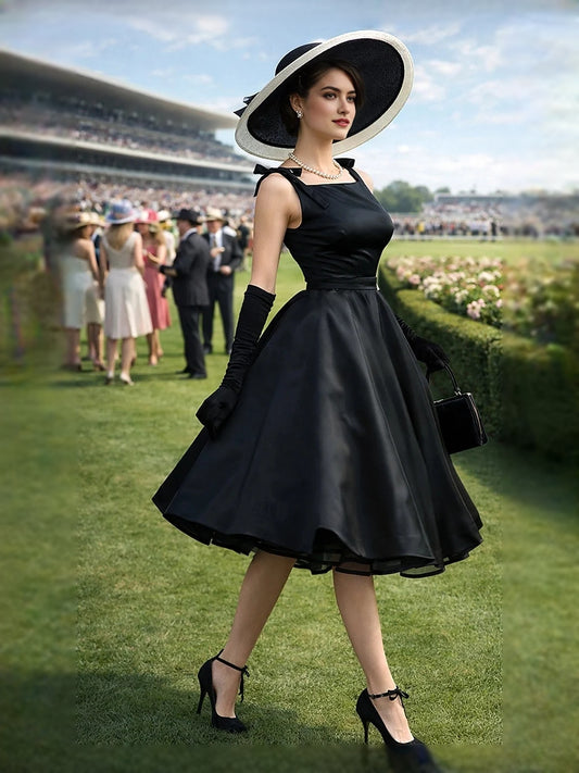 Black tea-length prom dress, front view showing the a-line silhouette