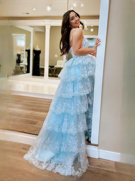 Light Blue high-low prom dress, front view showing the a-line silhouette