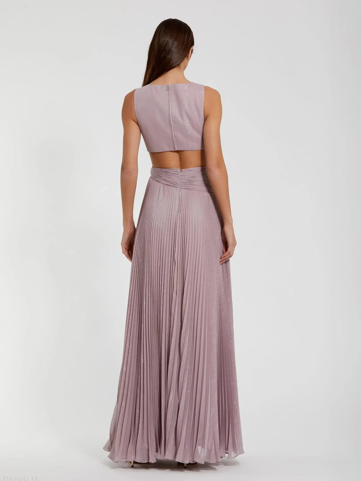 Mauve maxi prom dress, front view showing the a-line silhouette