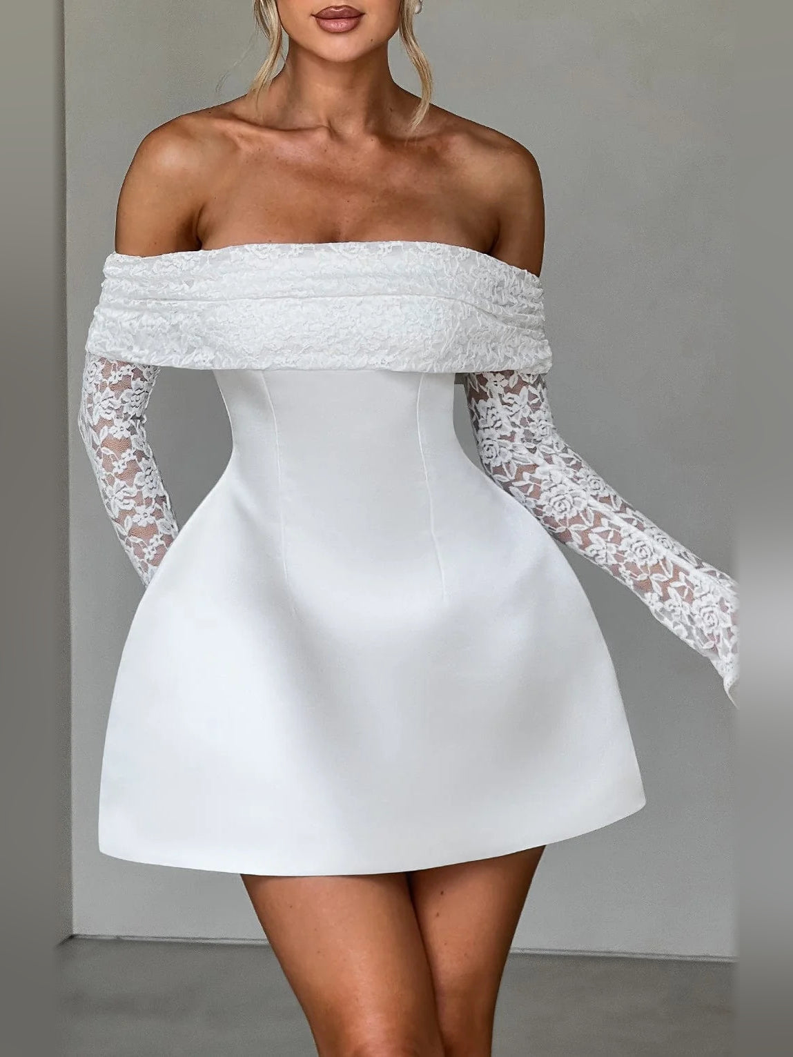 Ivory mini homecoming dress, front view showing the silhouette