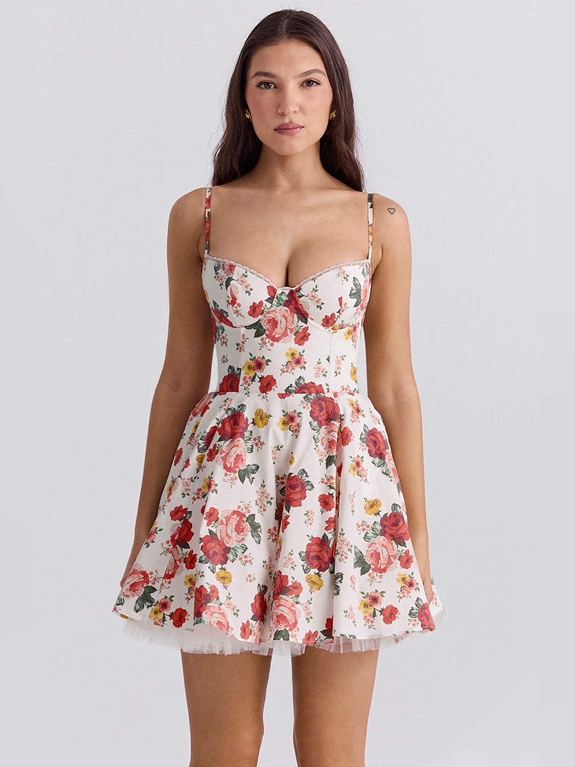 Print mini homecoming dress, front view showing the silhouette