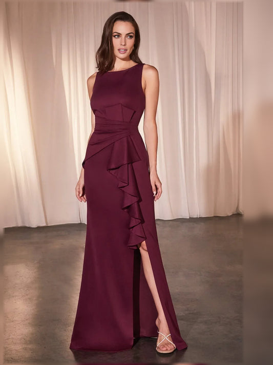Cabernet mermaid floor-length formal dress with ruffle details, full-length front view