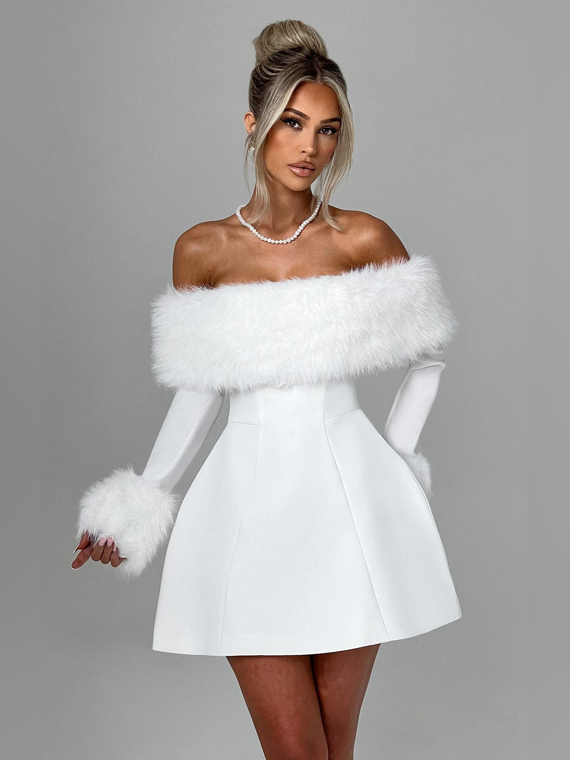 Ivory mini homecoming dress, front view showing the silhouette