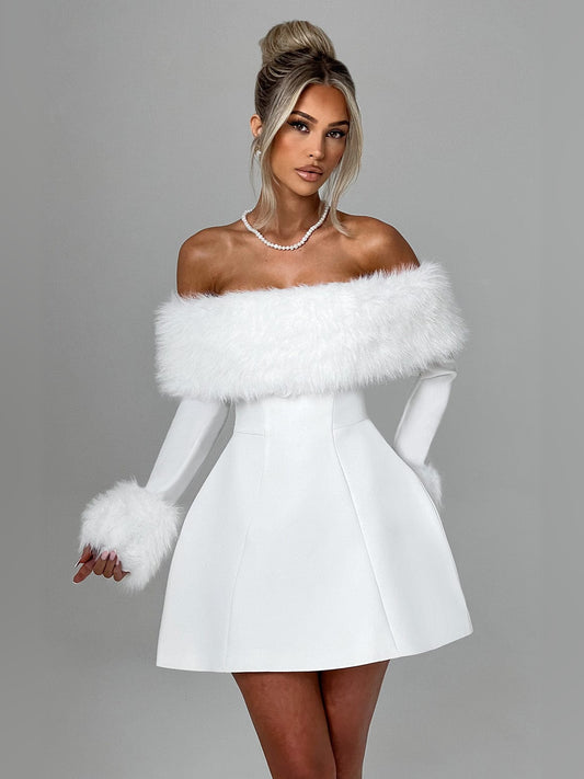 Ivory mini homecoming dress, front view showing the silhouette