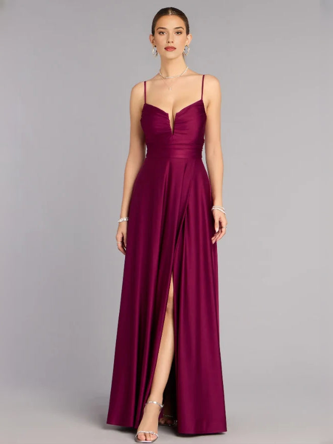Plum floor-length prom dress, front view showing the a-line silhouette