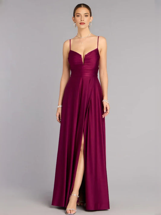 Plum floor-length prom dress, front view showing the a-line silhouette
