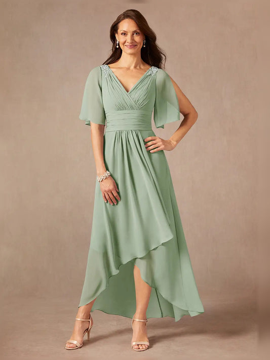 Dusty Sage midi mother of the bride dress, front view showing the a-line silhouette