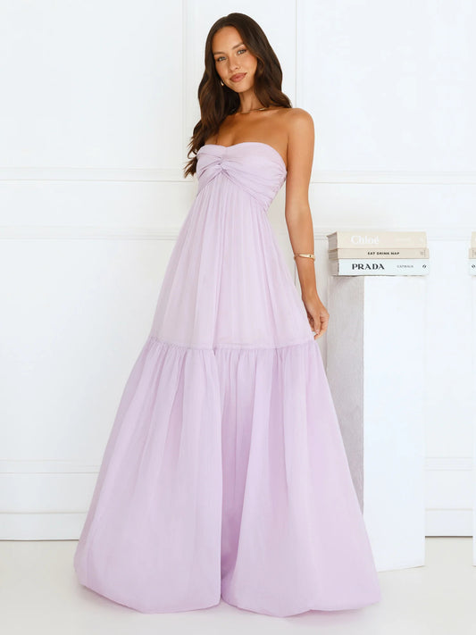 Lilac a-line maxi formal dress with strapless neckline, full-length front view