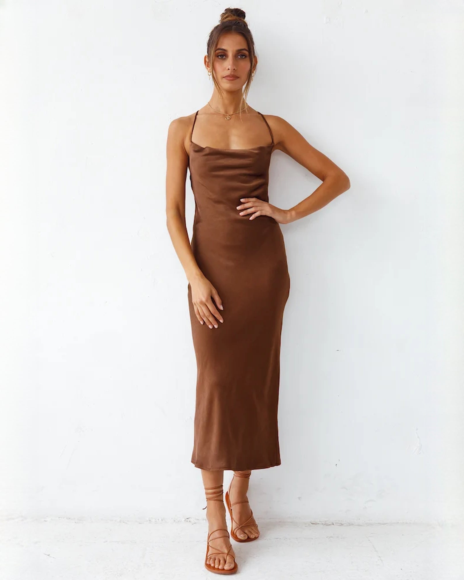 sleeveless satin a-line maxi bridesmaid dress - image 1