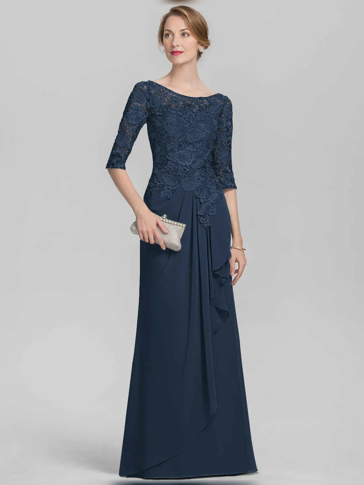 Dark Navy floor-length mother of the bride dress, front view showing the sheath silhouette
