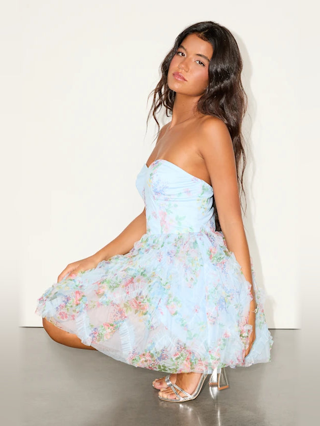 Light Blue Floral mini homecoming dress, front view showing the silhouette