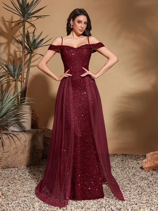 Burgundy floor-length prom dress, front view showing the mermaid silhouette