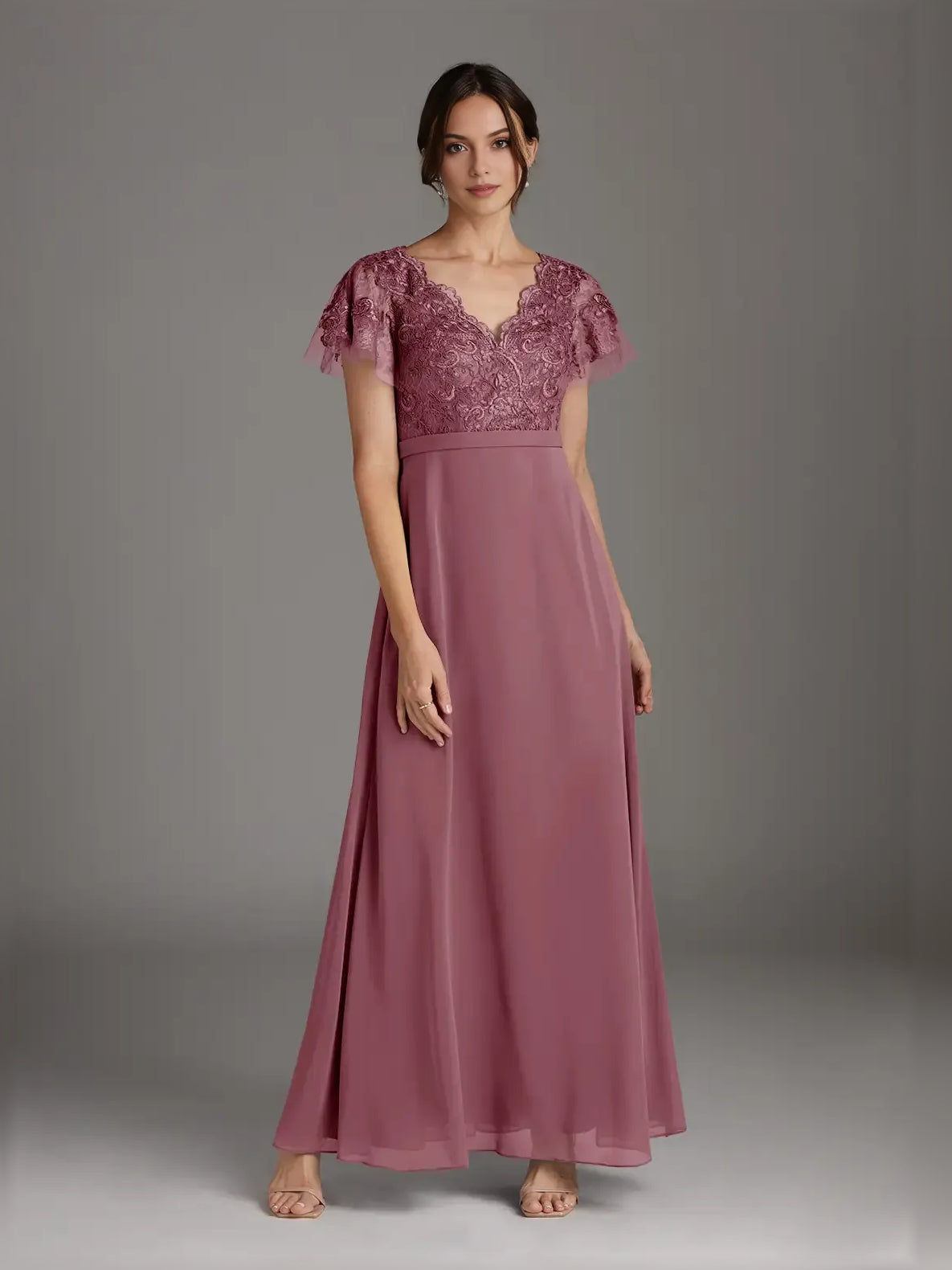 Dusty Pink floor-length mother of the bride dress, front view showing the a-line silhouette