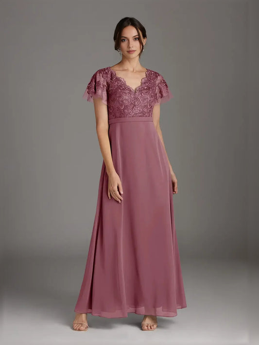 Dusty Pink floor-length mother of the bride dress, front view showing the a-line silhouette