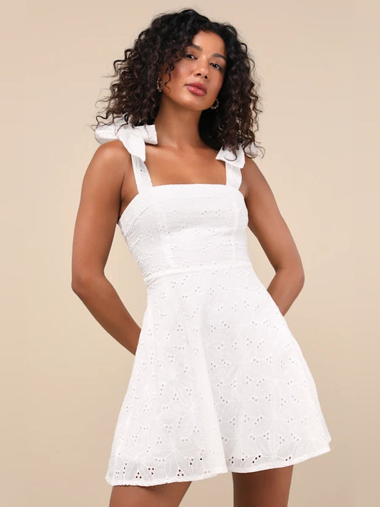 White Floral mini homecoming dress, front view showing the silhouette