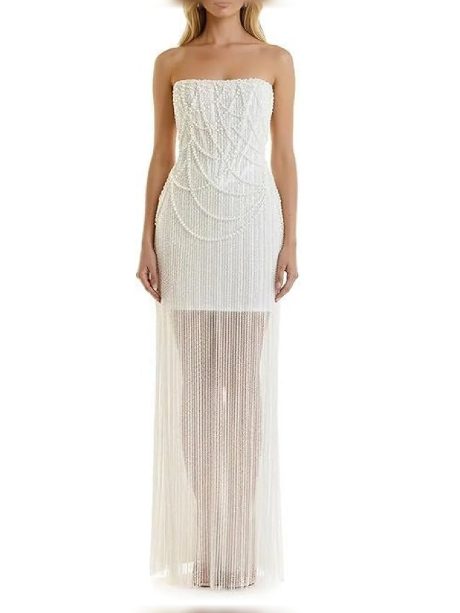 Ivory sheath floor-length formal dress with strapless neckline, full-length front view