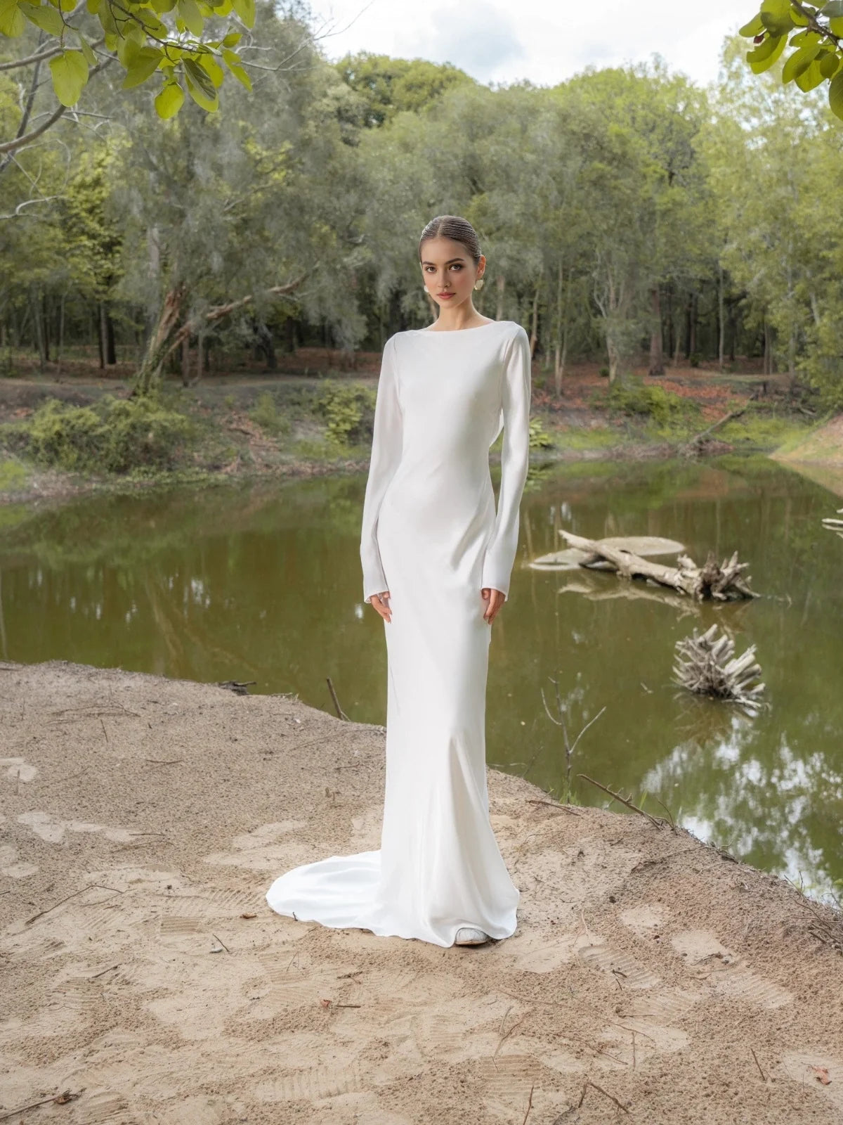Ivory floor-length wedding dress, front view showing the mermaid silhouette