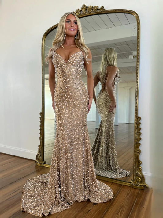 Brown floor-length prom dress, front view showing the mermaid silhouette