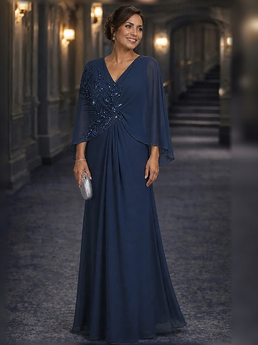 Navy Blue floor-length mother of the bride dress, front view showing the a-line silhouette