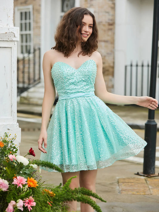 Ice Blue short homecoming dress, alternate view showing the full-length silhouette