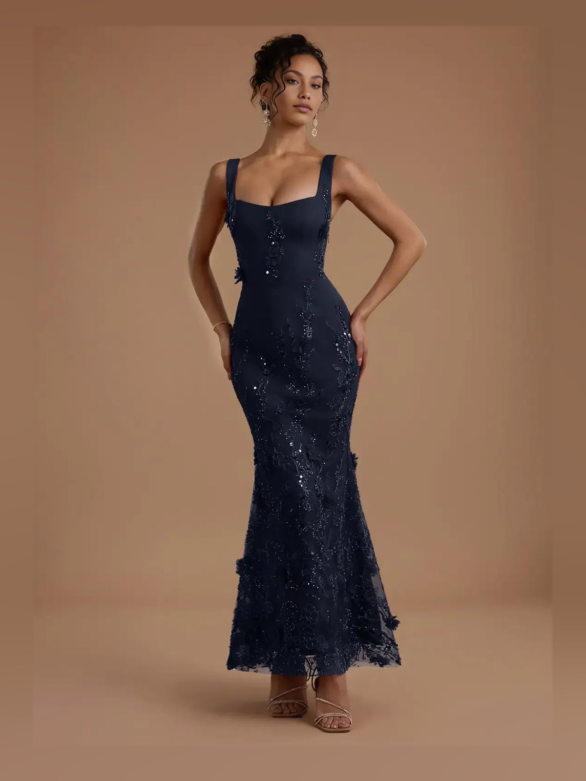 Navy Blue floor-length prom dress, front view showing the mermaid silhouette