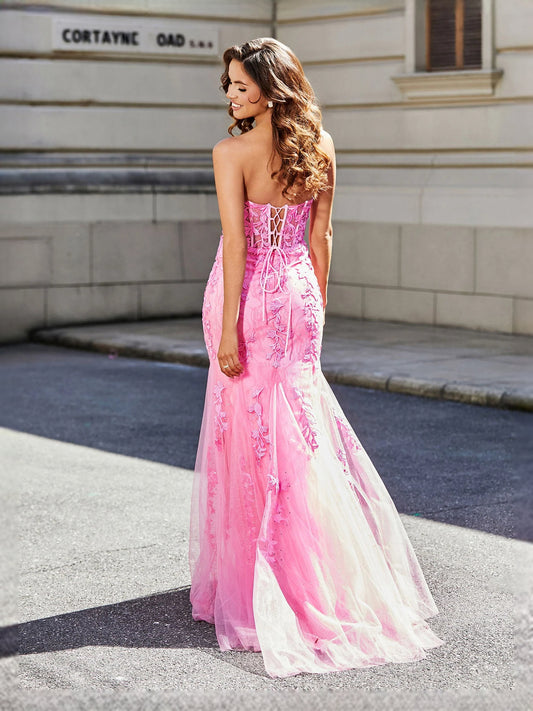 Pink floor-length prom dress, front view showing the mermaid silhouette