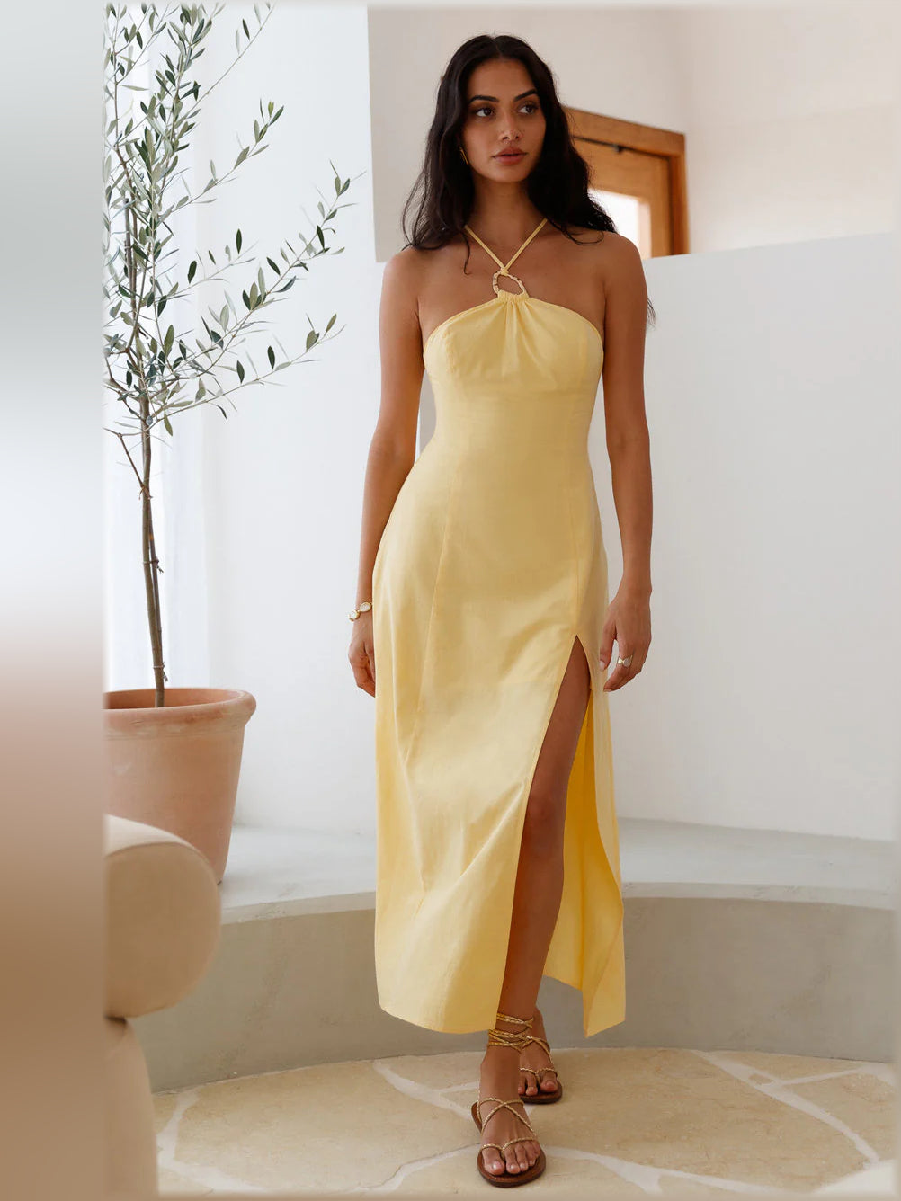 Yellow midi formal dress, full-length front view