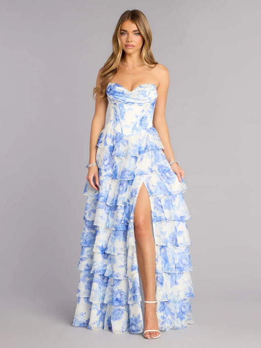 Blue maxi prom dress, front view showing the a-line silhouette