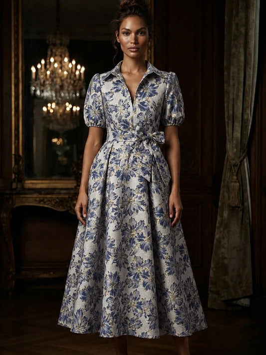 Steel Blue tea-length mother of the bride dress, front view showing the a-line silhouette