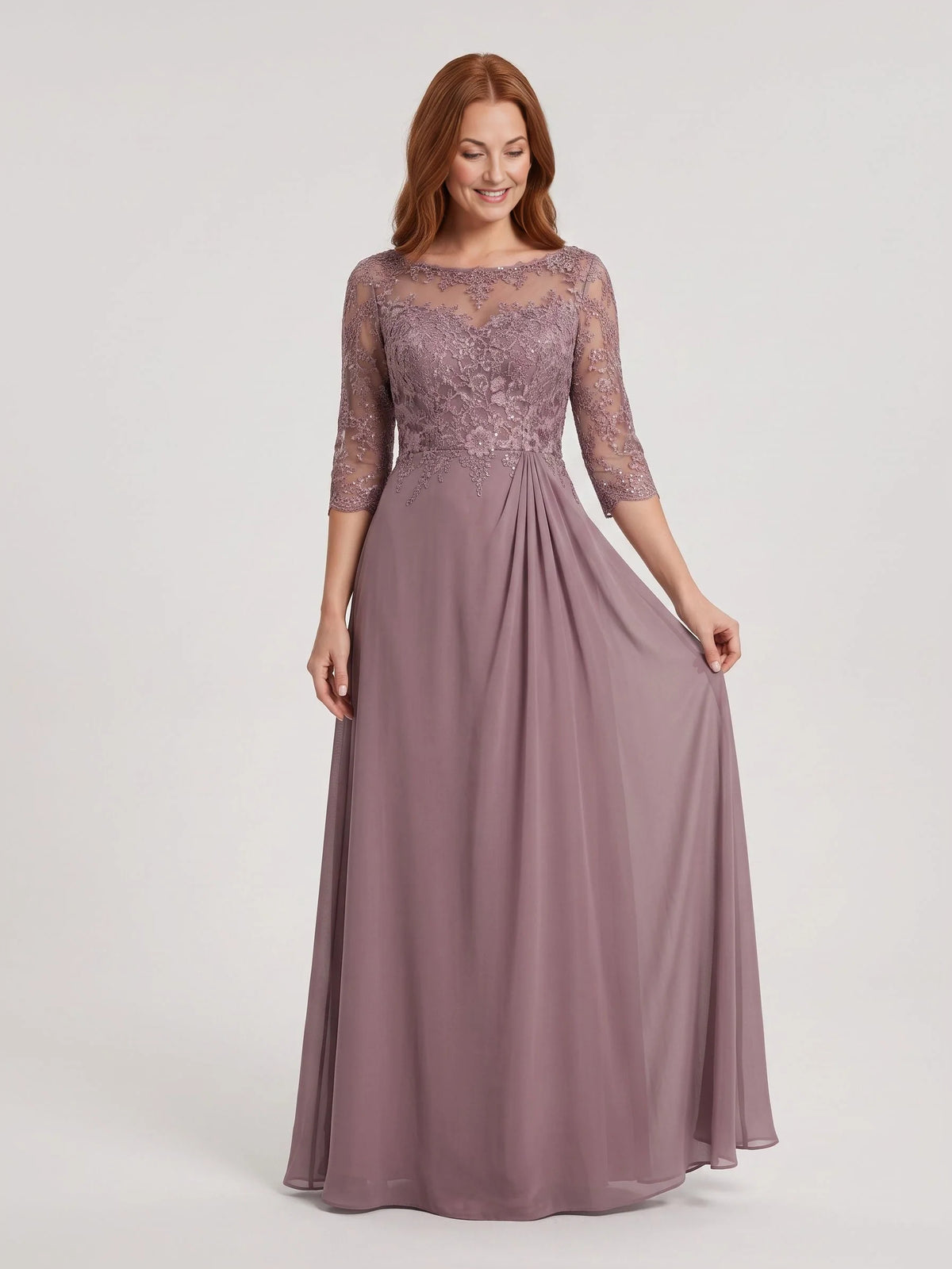 Dusty Rose maxi mother of the bride dress, front view showing the a-line silhouette